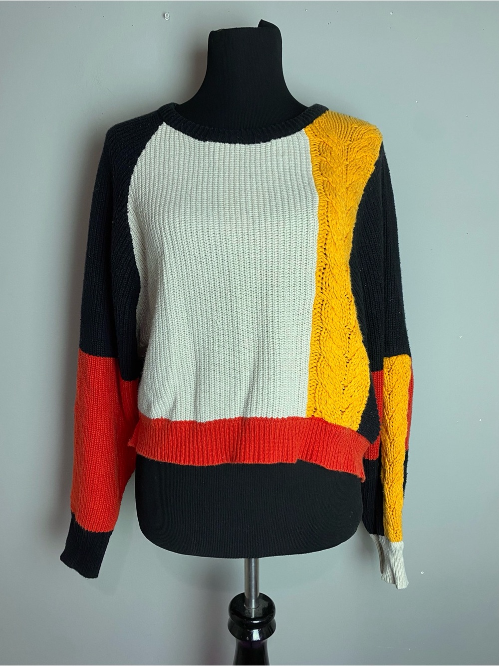 moon & madison Colorblock Cable-Knit Crew Sweater - Black/White/Yellow/Red